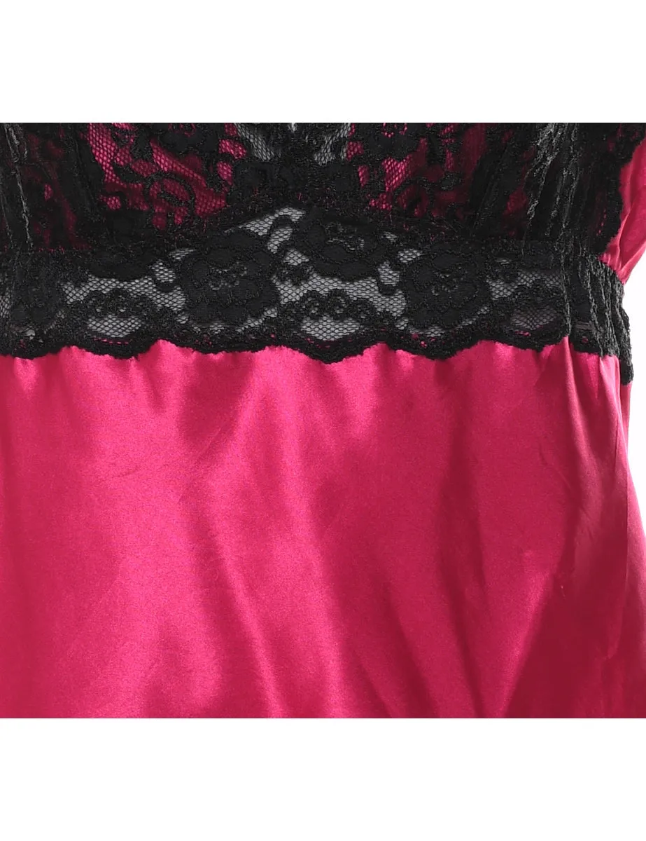 Contrast Pink & Black Lace Trim Silky Babydoll - M