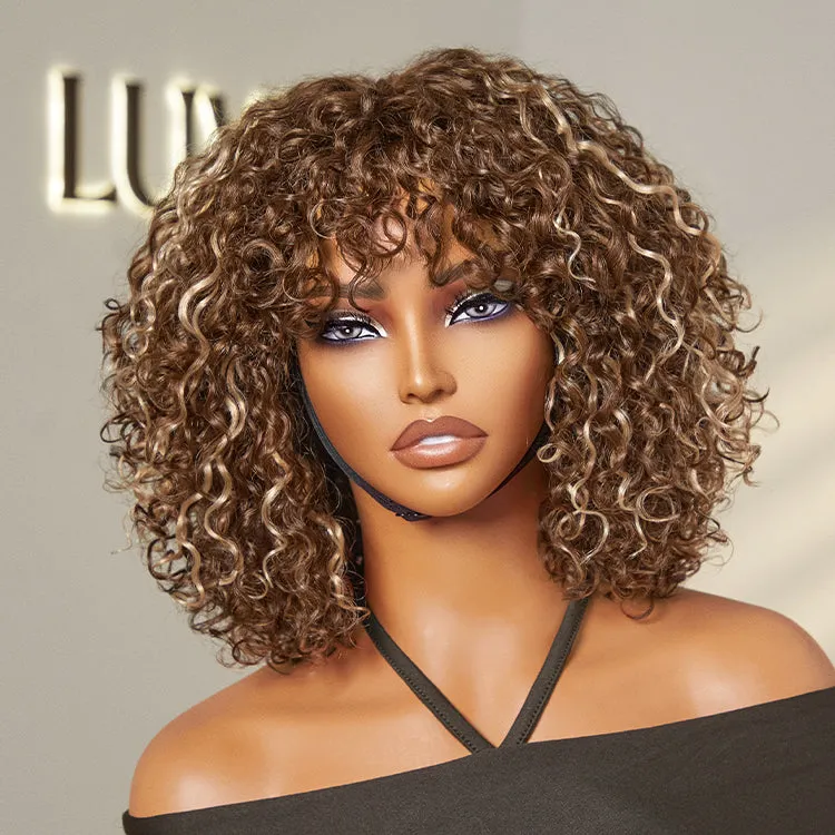 Crazy Wednesday | Beginner Friendly Water Wave Minimalist Lace Glueless Short Curly Wig with Bangs