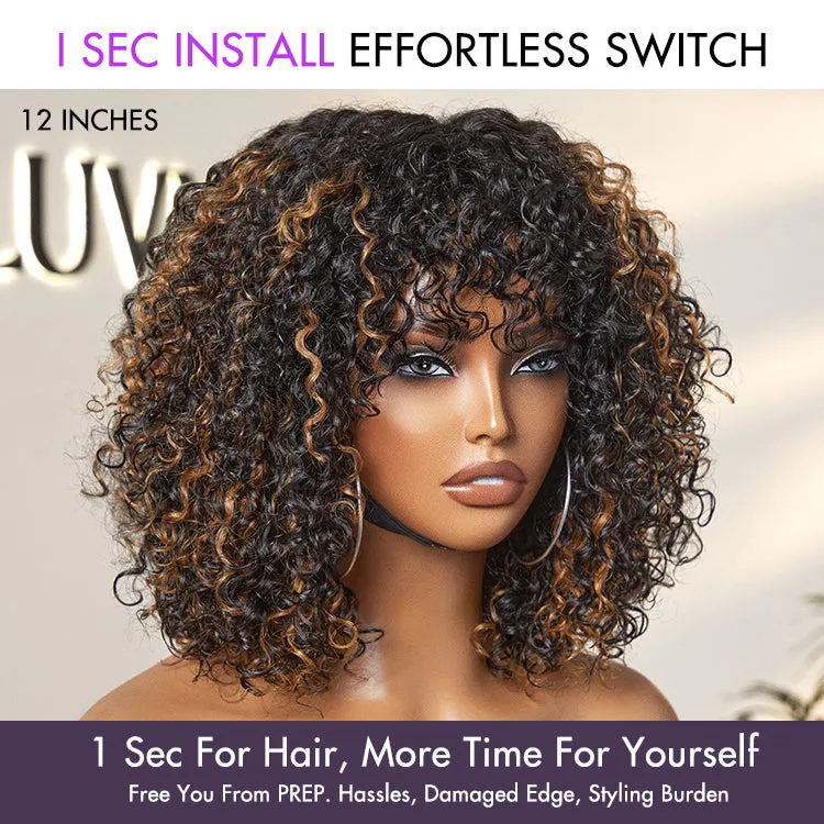 Crazy Wednesday | Beginner Friendly Water Wave Minimalist Lace Glueless Short Curly Wig with Bangs