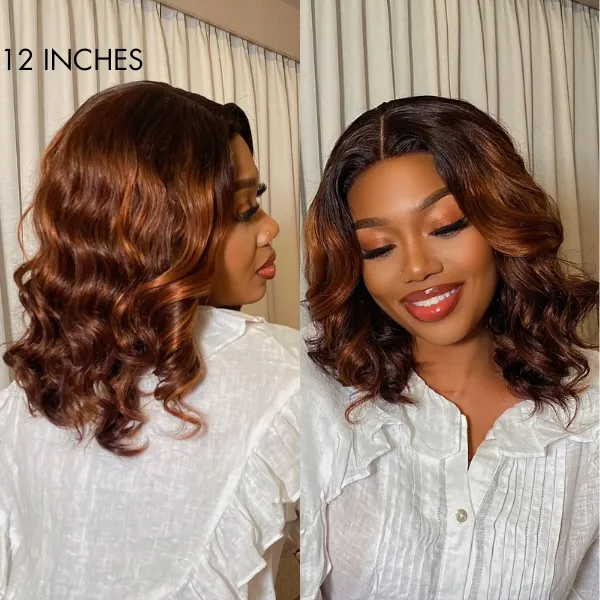 Crazy Wednesday | Elegant Brown Ombre Loose Wave Minimalist HD Lace Glueless Short Wig 100% Human Hair  - US Only