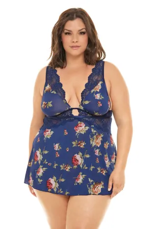 Curvy Naeva Floral Babydoll - ESTATE BLUE SCATTERED ROSES