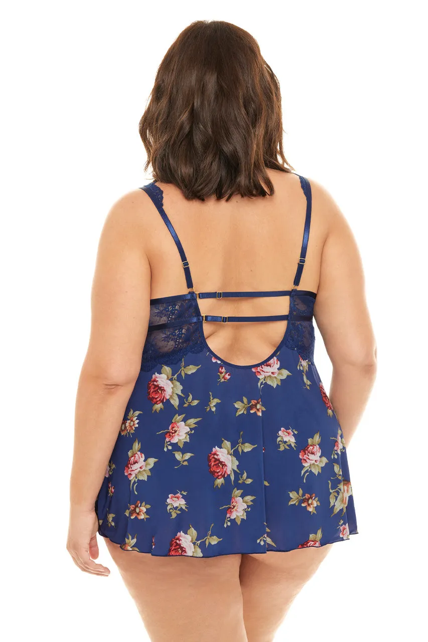 Curvy Naeva Floral Babydoll - ESTATE BLUE SCATTERED ROSES