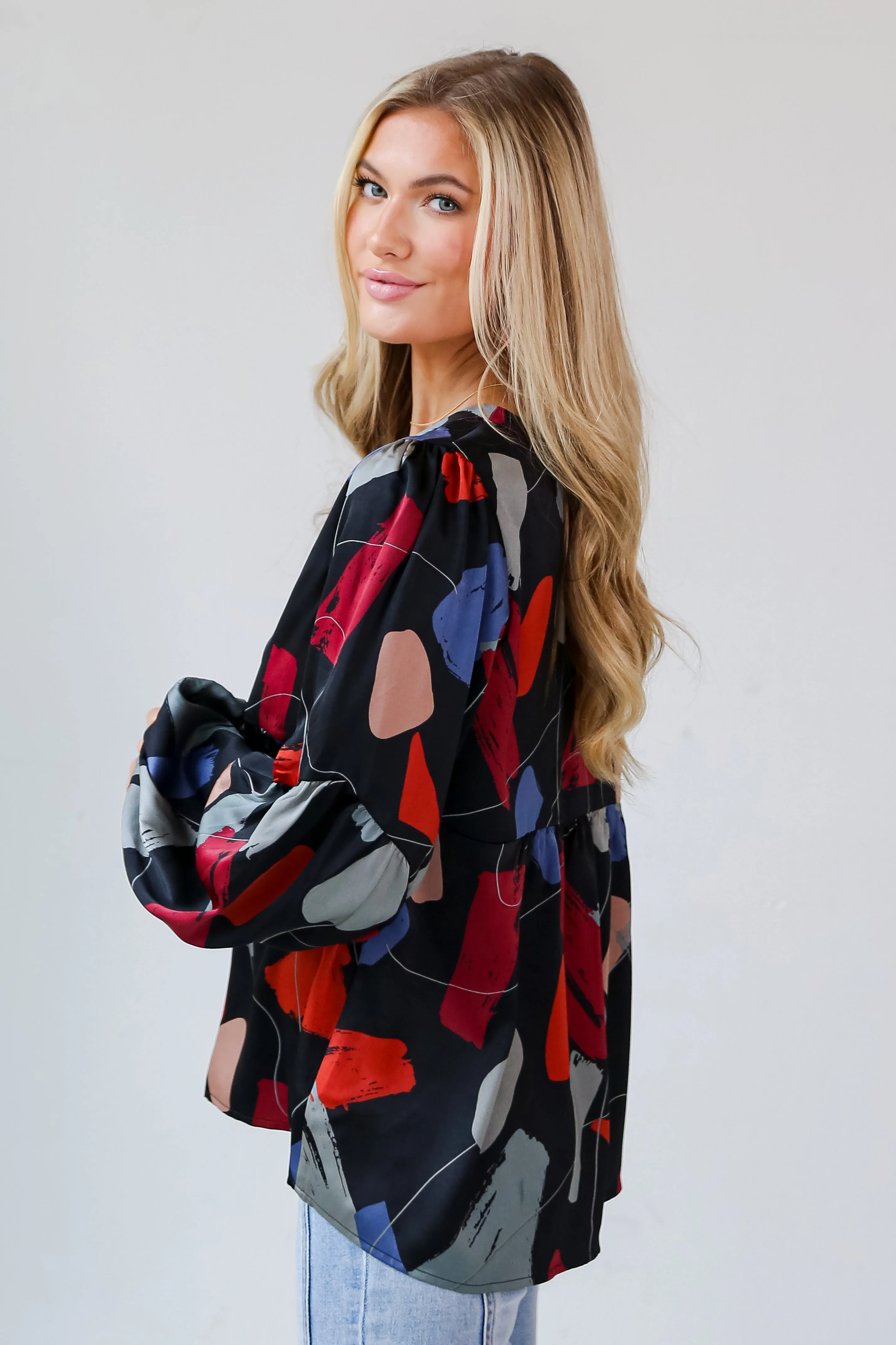 FINAL SALE - Glowing Muse Black Satin Babydoll Blouse