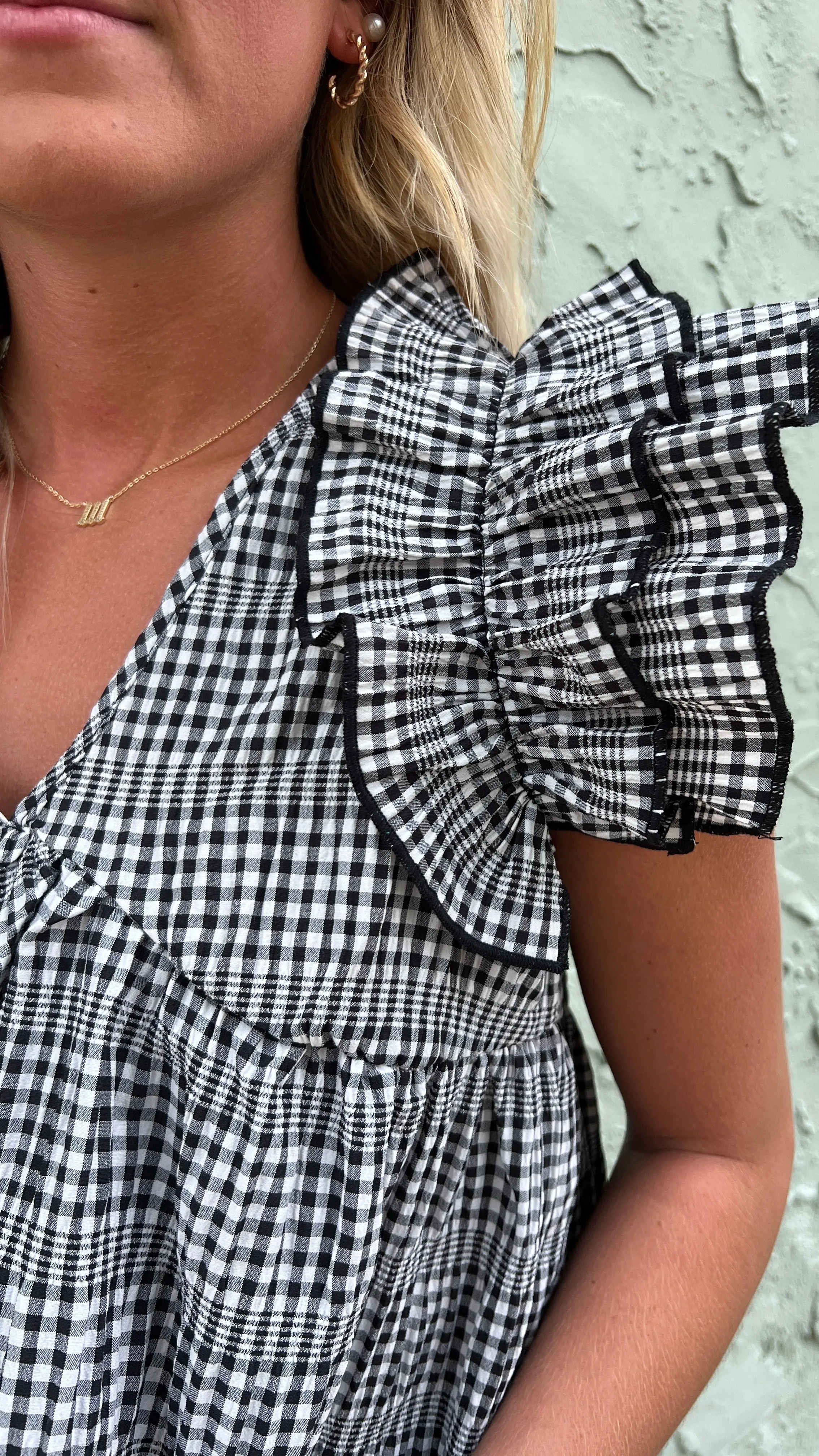 Gingham Ruffle V-Neck Babydoll Top