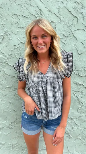 Gingham Ruffle V-Neck Babydoll Top