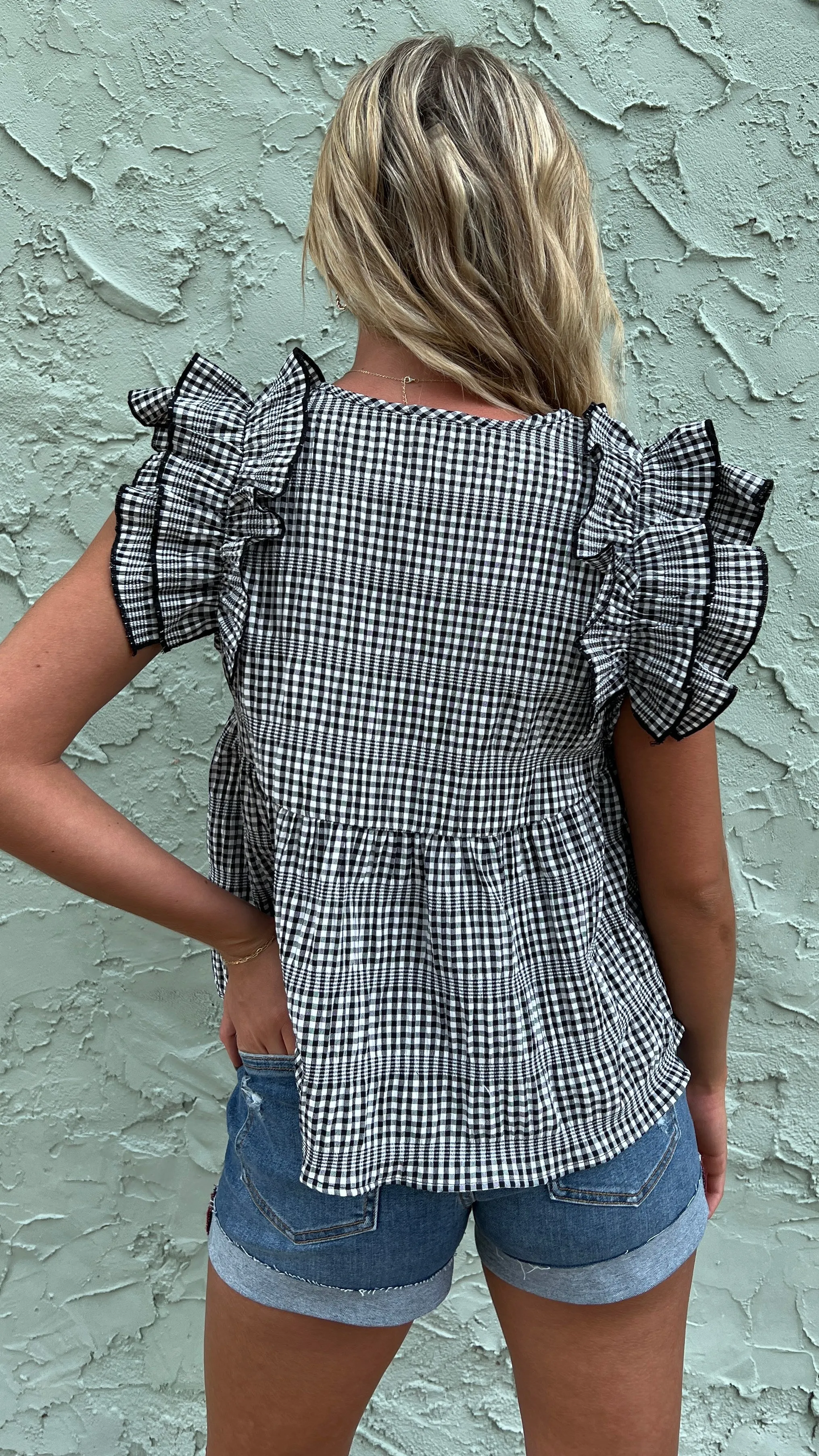 Gingham Ruffle V-Neck Babydoll Top