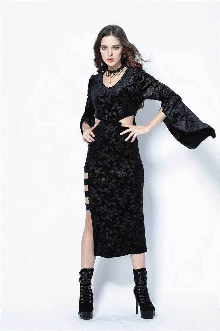Gothic flocking long dress with triangle on waist DW108