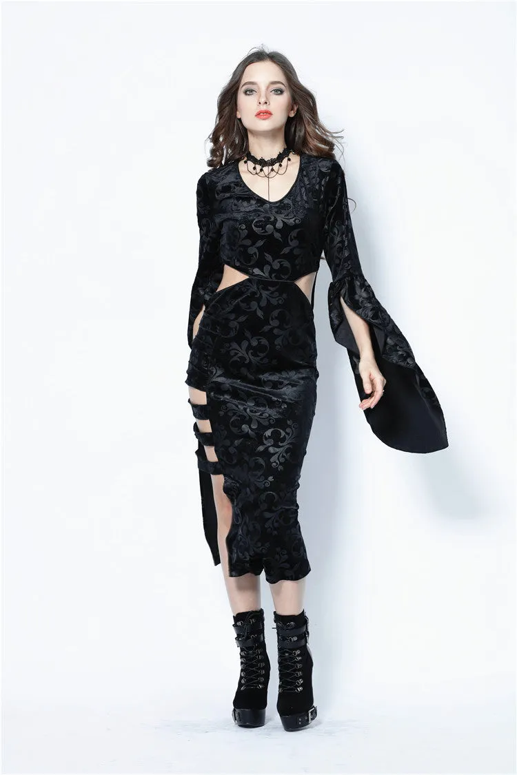 Gothic flocking long dress with triangle on waist DW108