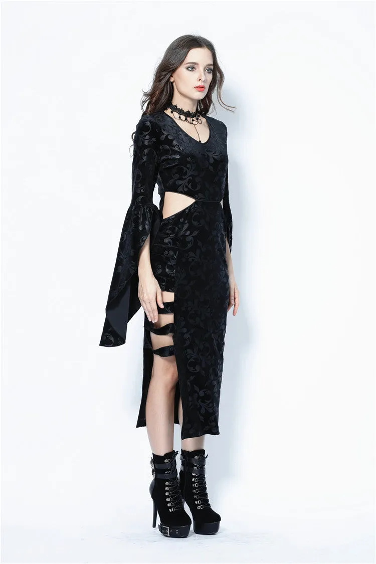 Gothic flocking long dress with triangle on waist DW108