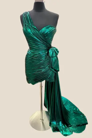 Green One Shoulder Ruched Short Dress with Shawl