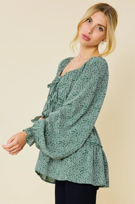 Green Printed Babydoll Blouse