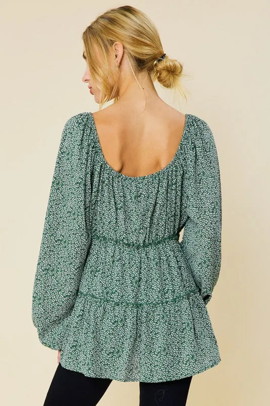 Green Printed Babydoll Blouse