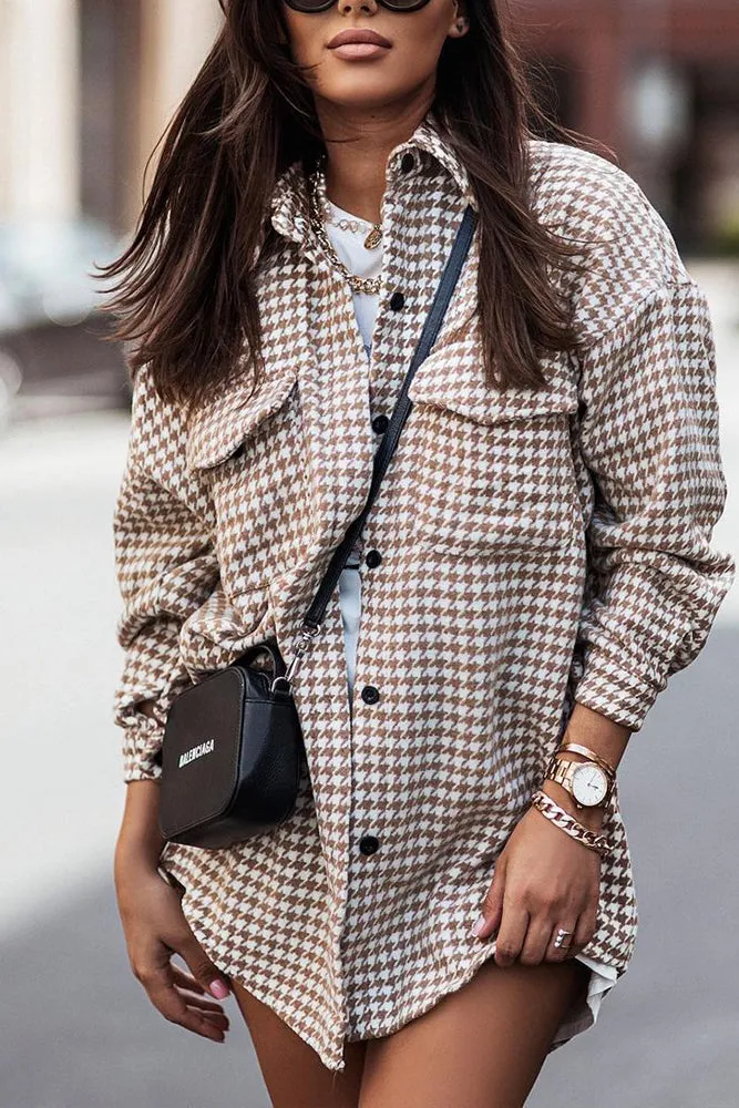 Houndstooth Turn Down Collar Single Breasted Shacket Women
