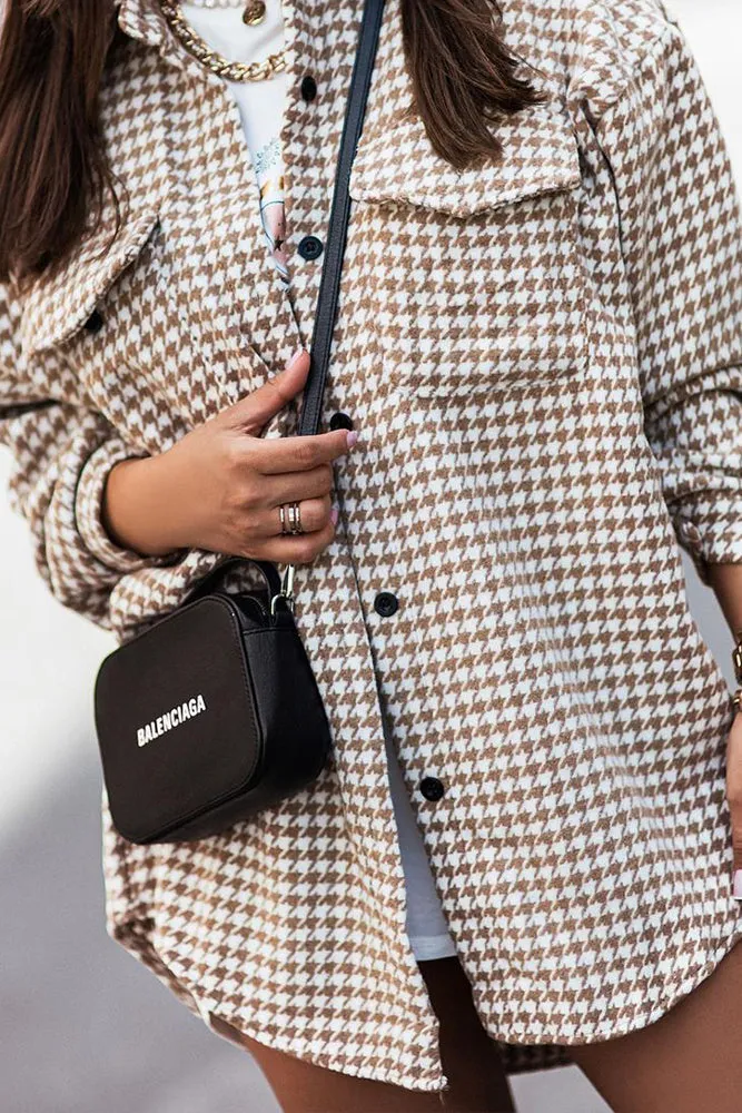 Houndstooth Turn Down Collar Single Breasted Shacket Women