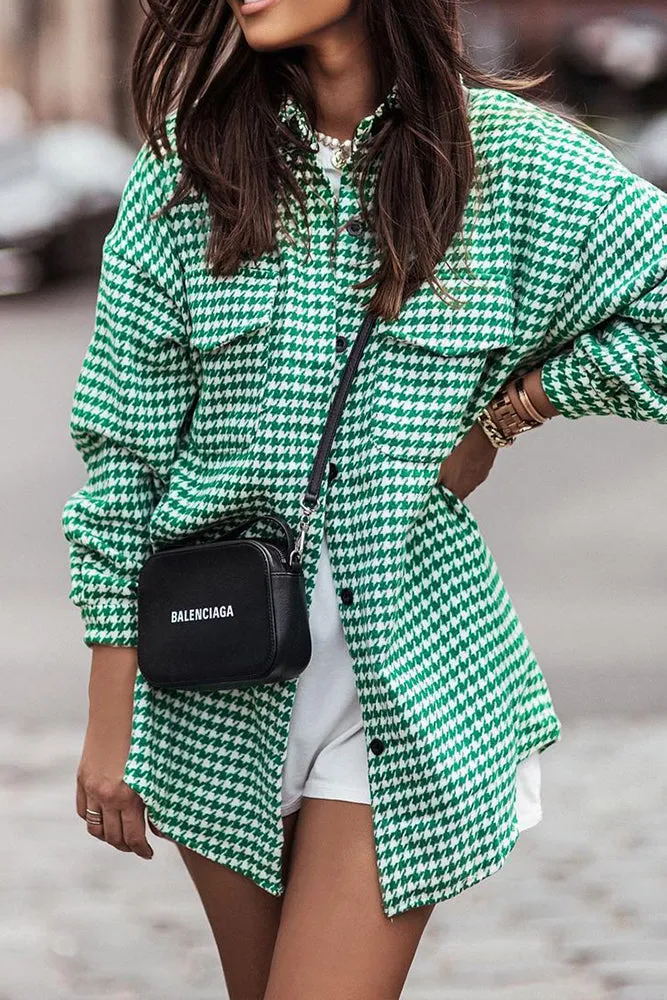 Houndstooth Turn Down Collar Single Breasted Shacket Women