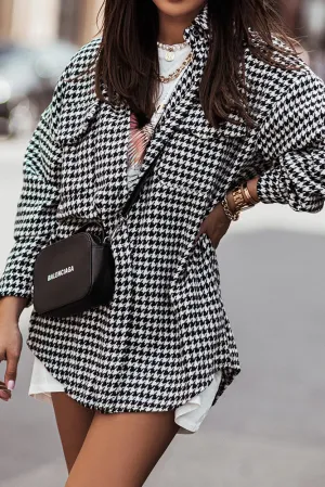 Houndstooth Turn Down Collar Single Breasted Shacket Women