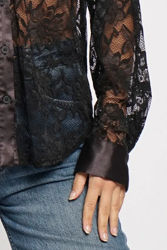 LACE SHIRT WITH SATIN DETAIL