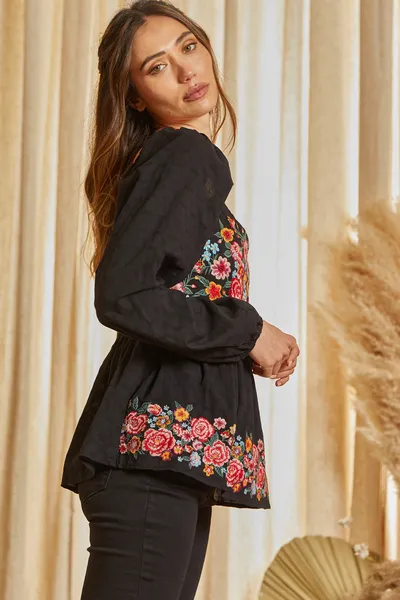Ladies Savanna Jane Babydoll Top with Floral Embroidery - T12230