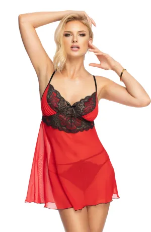 Ladies Stunning Sheer Red Chiffon Gorgeous Black & Red Floral Lace Bust Low Cut Criss Cross Back Babydoll & Thong Set