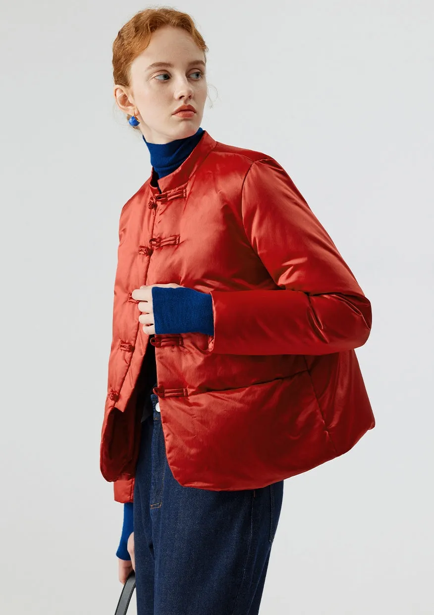 Lightweight Short Satin Down Jacket - Vintage Chinese Style with Elegant Frog Buttons