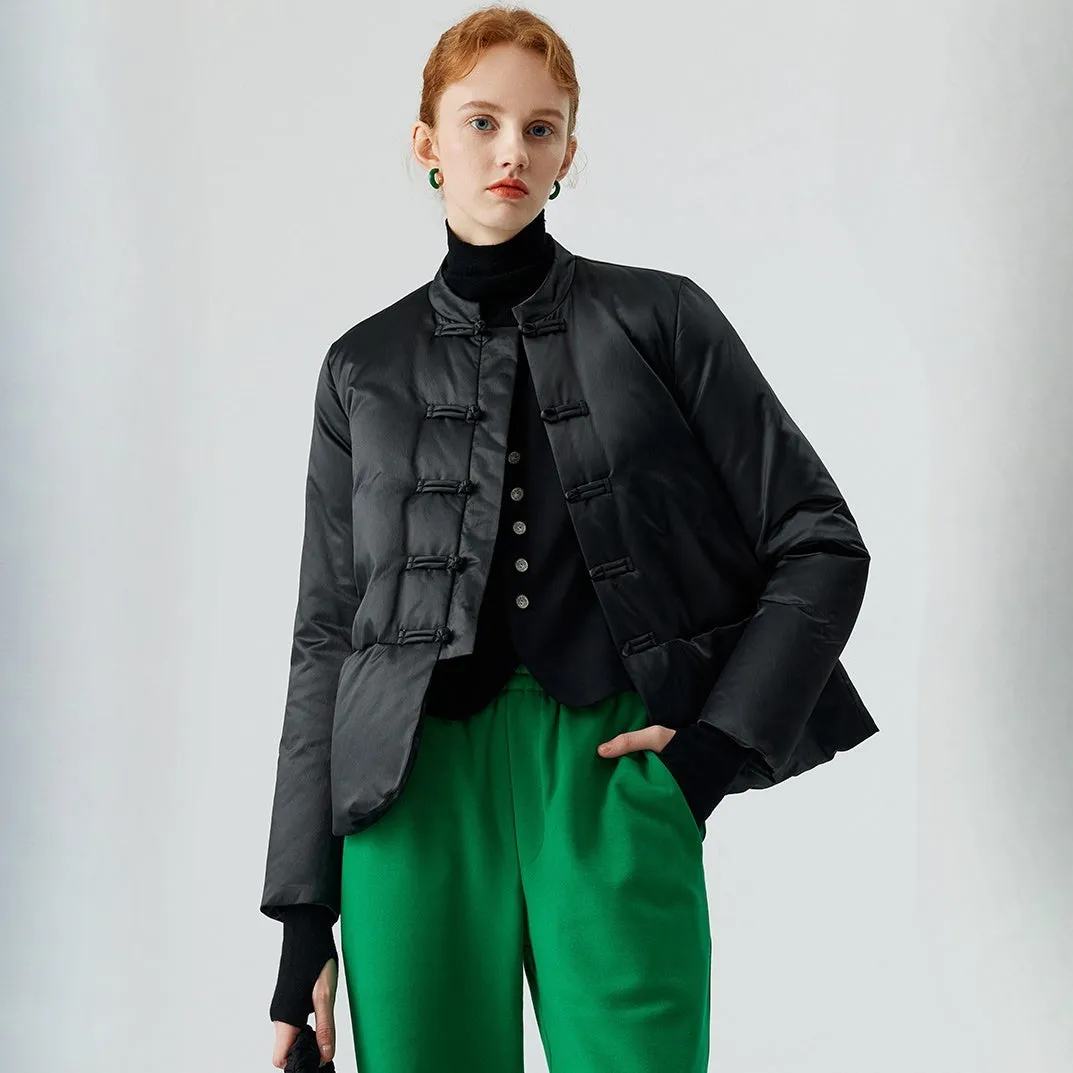 Lightweight Short Satin Down Jacket - Vintage Chinese Style with Elegant Frog Buttons
