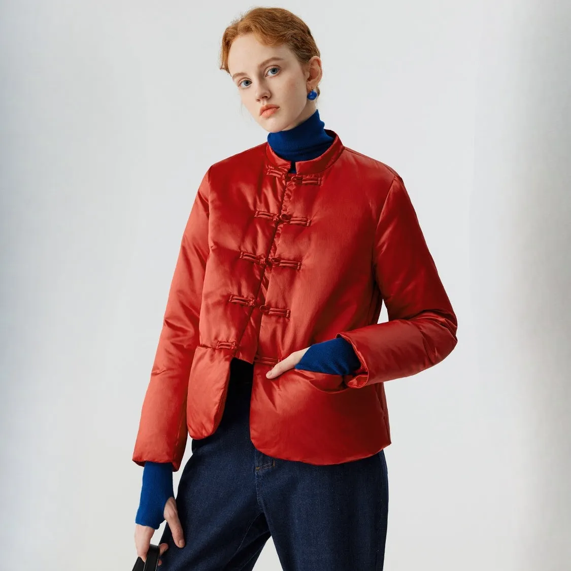 Lightweight Short Satin Down Jacket - Vintage Chinese Style with Elegant Frog Buttons