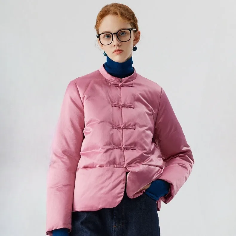 Lightweight Short Satin Down Jacket - Vintage Chinese Style with Elegant Frog Buttons