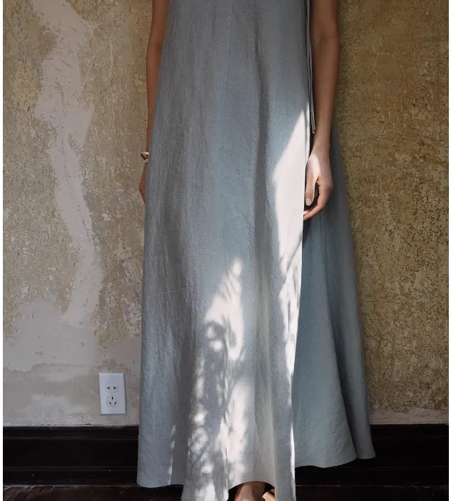 Linen Dresses,Minimalist V-neck Sling Vacation Women Dresses/9953