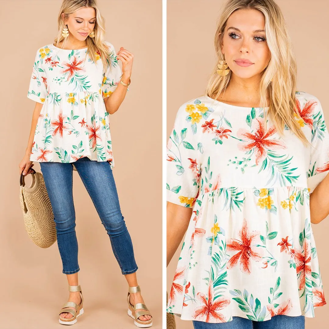 Living My Best Life White Floral Babydoll Top