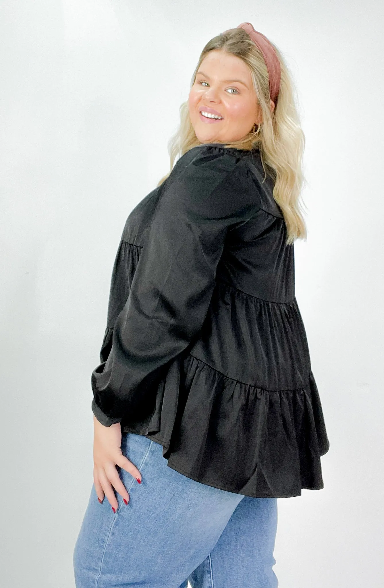 Long Sleeve Tiered Babydoll Satin Curvy Blouse