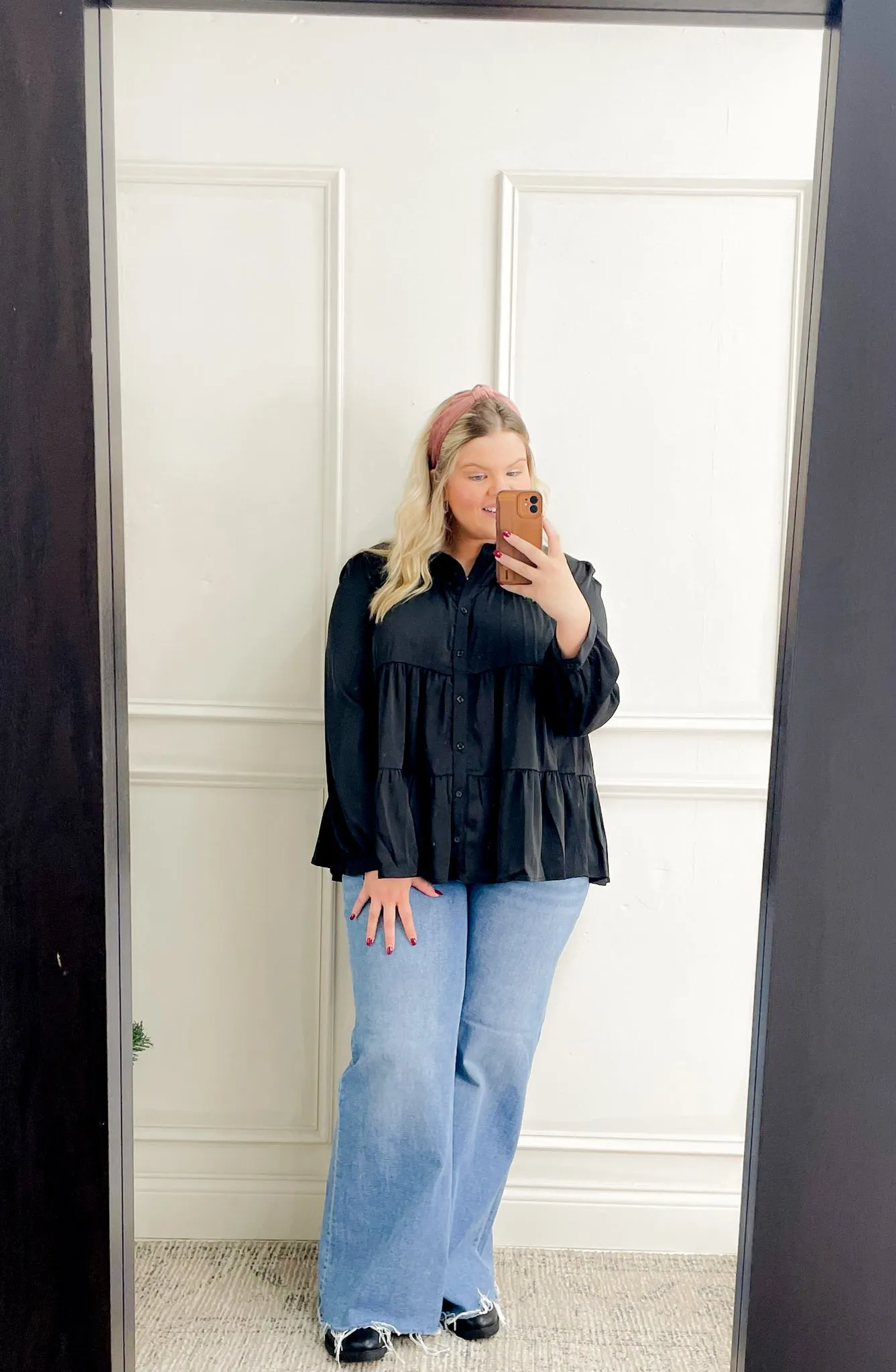 Long Sleeve Tiered Babydoll Satin Curvy Blouse