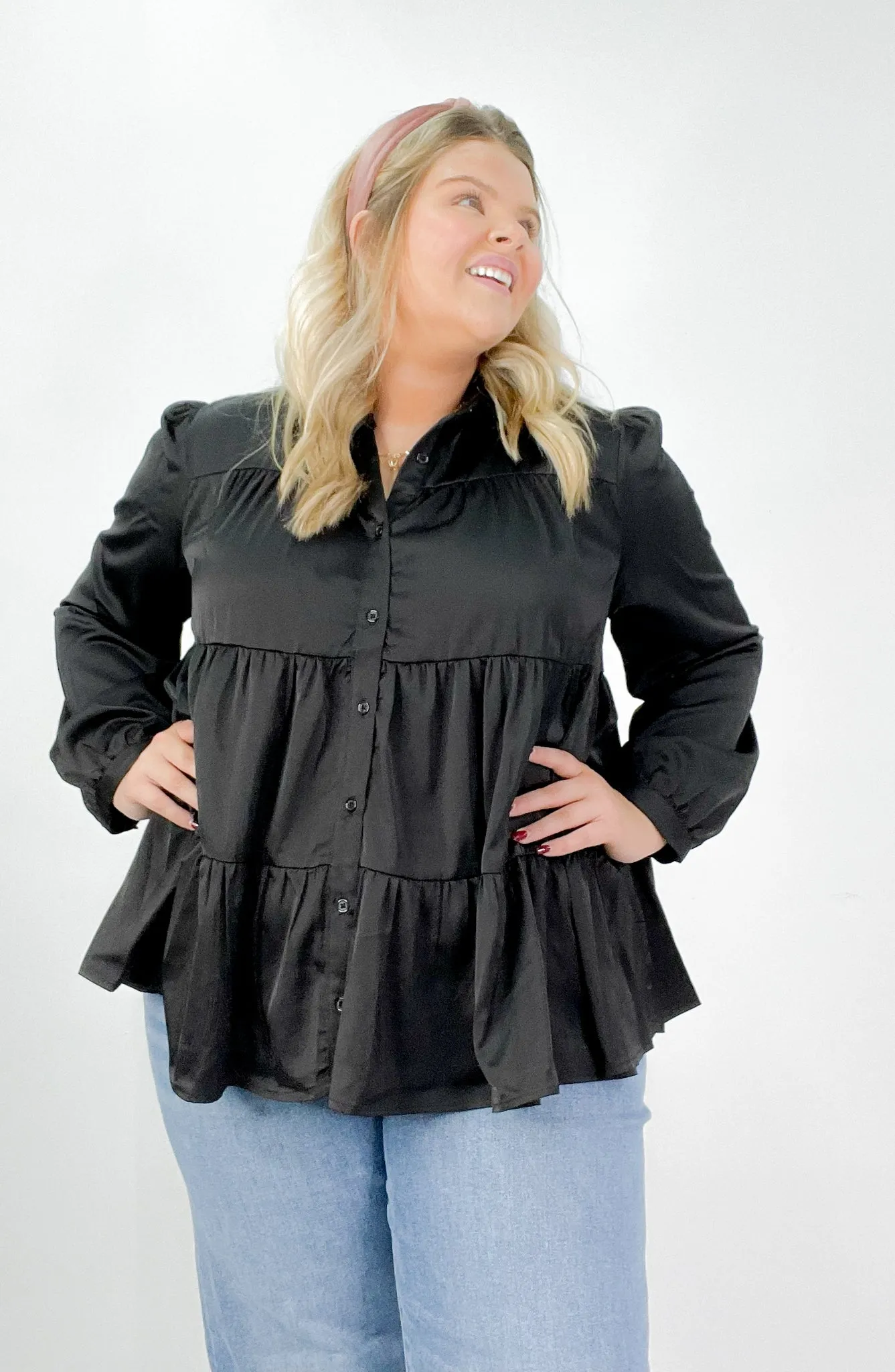 Long Sleeve Tiered Babydoll Satin Curvy Blouse
