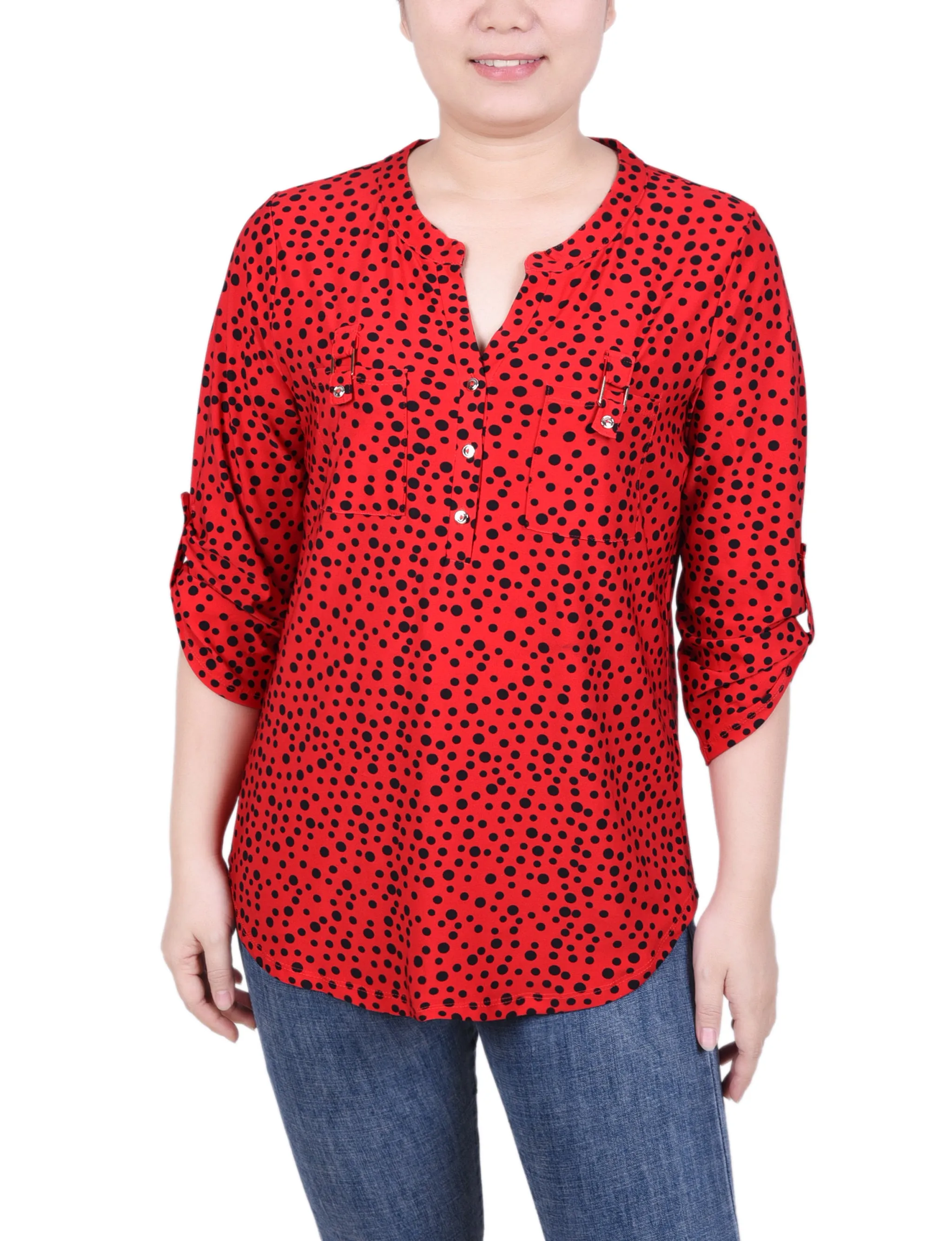 Long Tab-Sleeve Top With Pockets