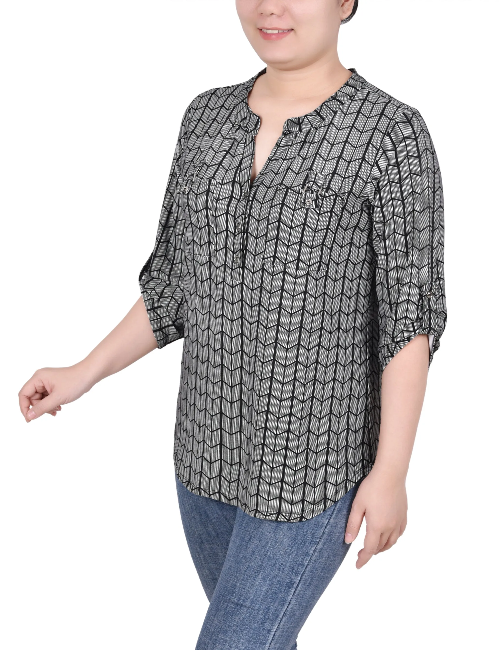 Long Tab-Sleeve Top With Pockets