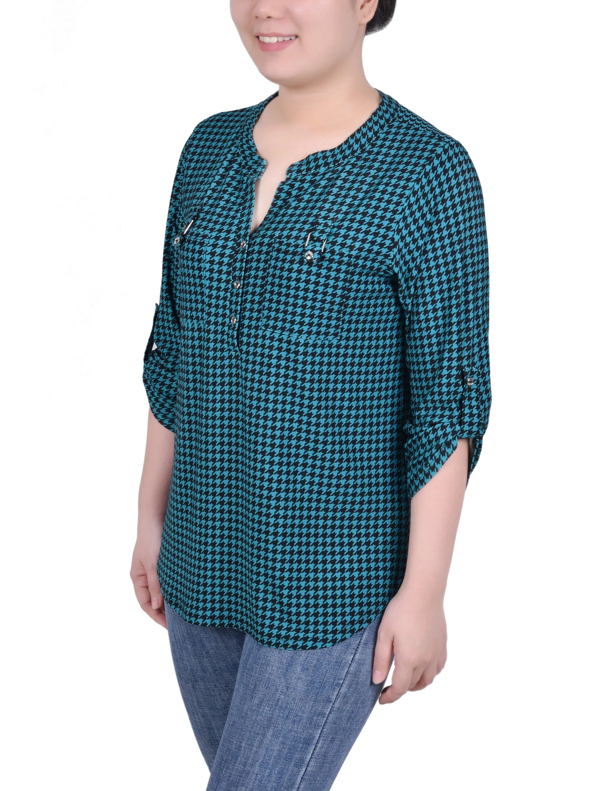 Long Tab-Sleeve Top With Pockets