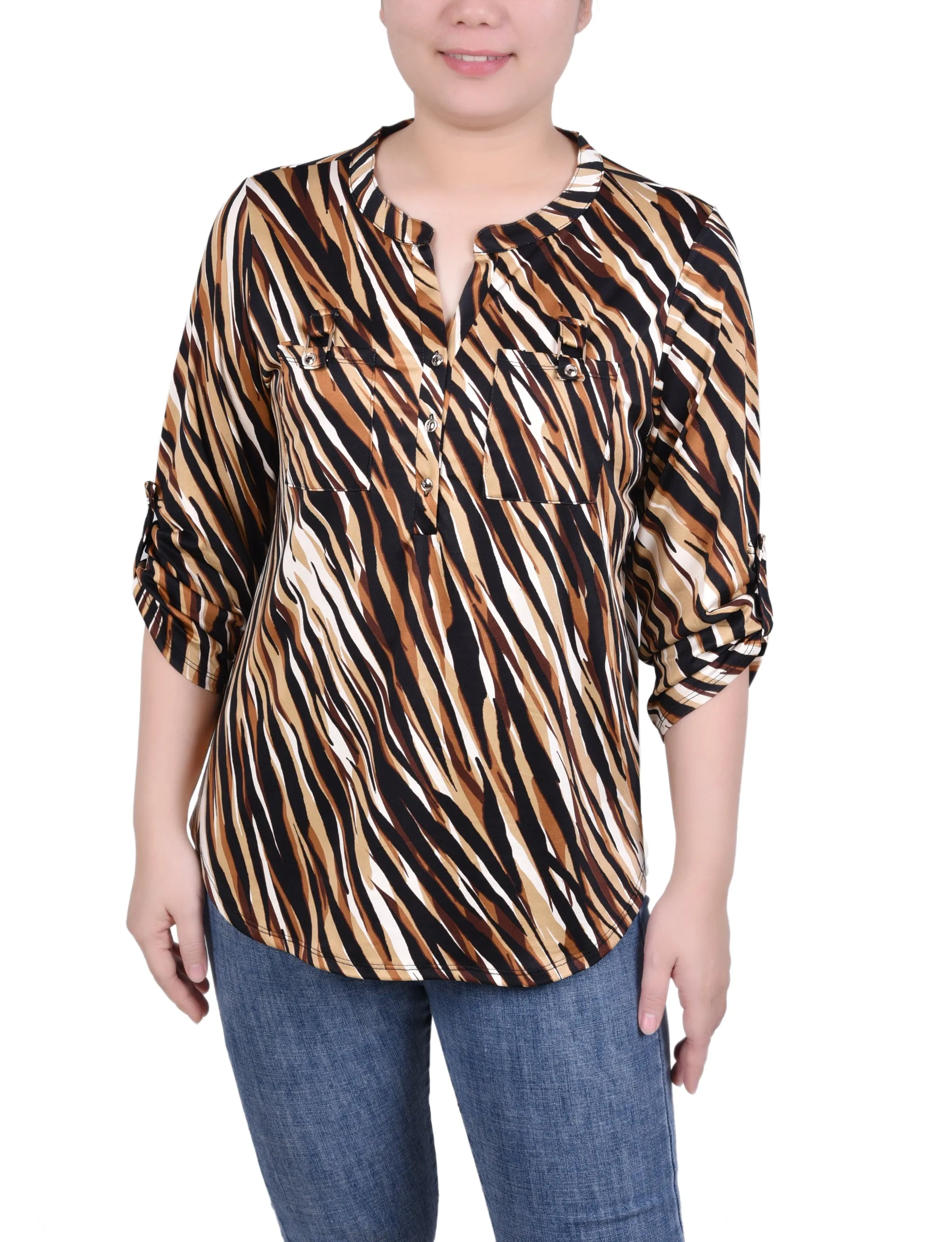 Long Tab-Sleeve Top With Pockets