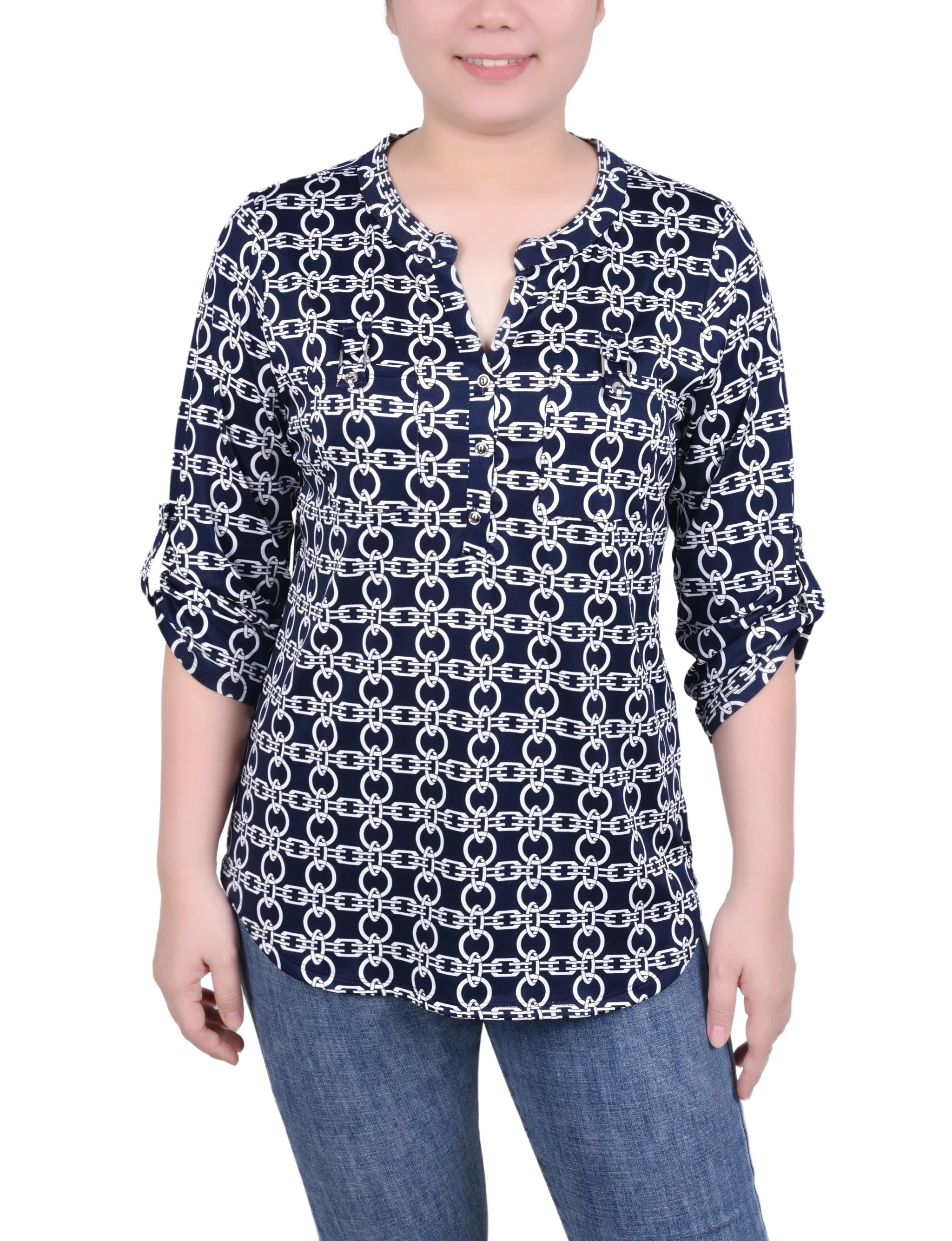 Long Tab-Sleeve Top With Pockets