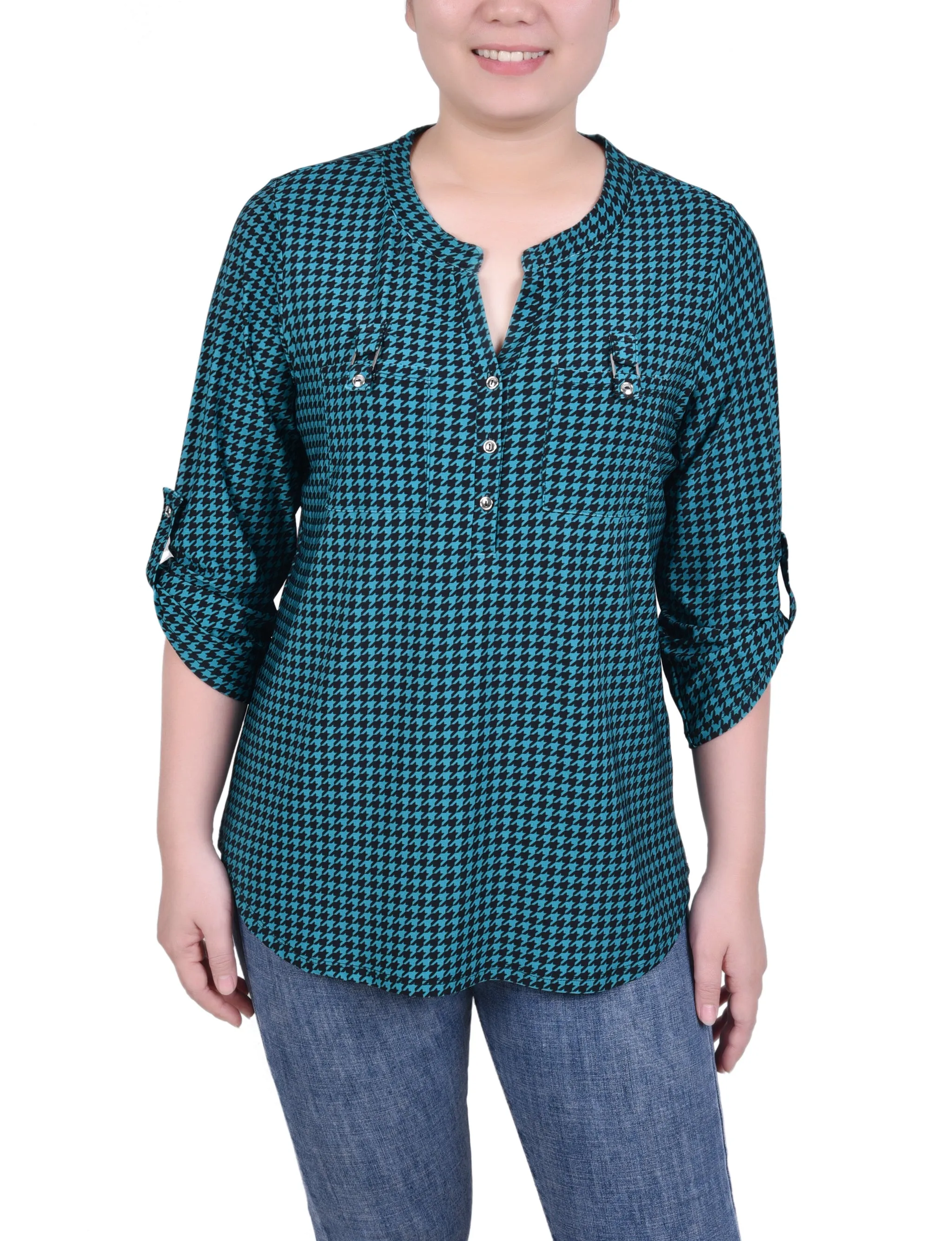 Long Tab-Sleeve Top With Pockets
