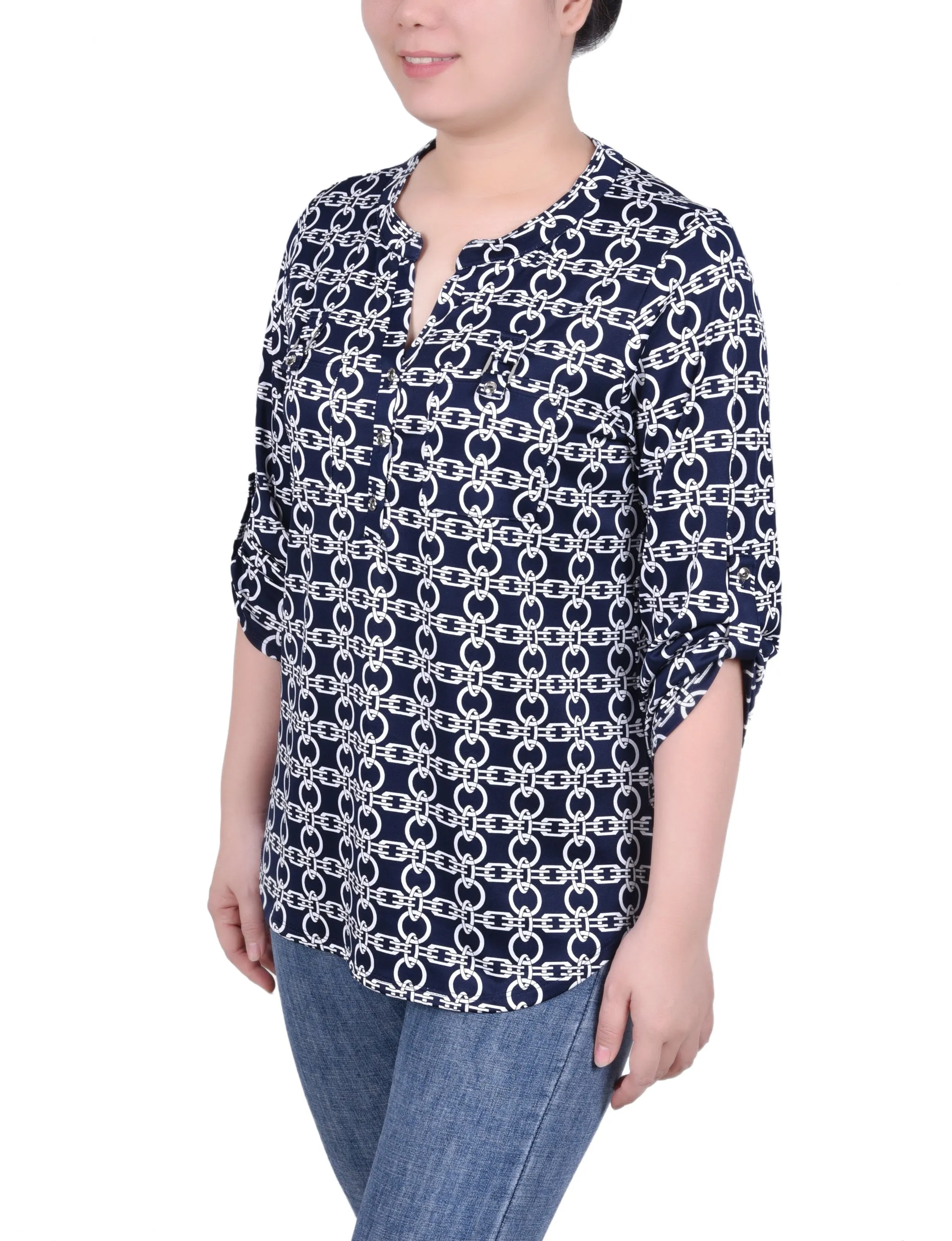 Long Tab-Sleeve Top With Pockets