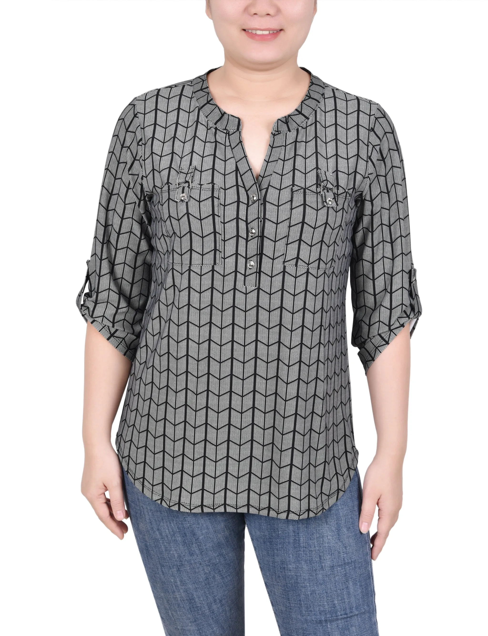 Long Tab-Sleeve Top With Pockets
