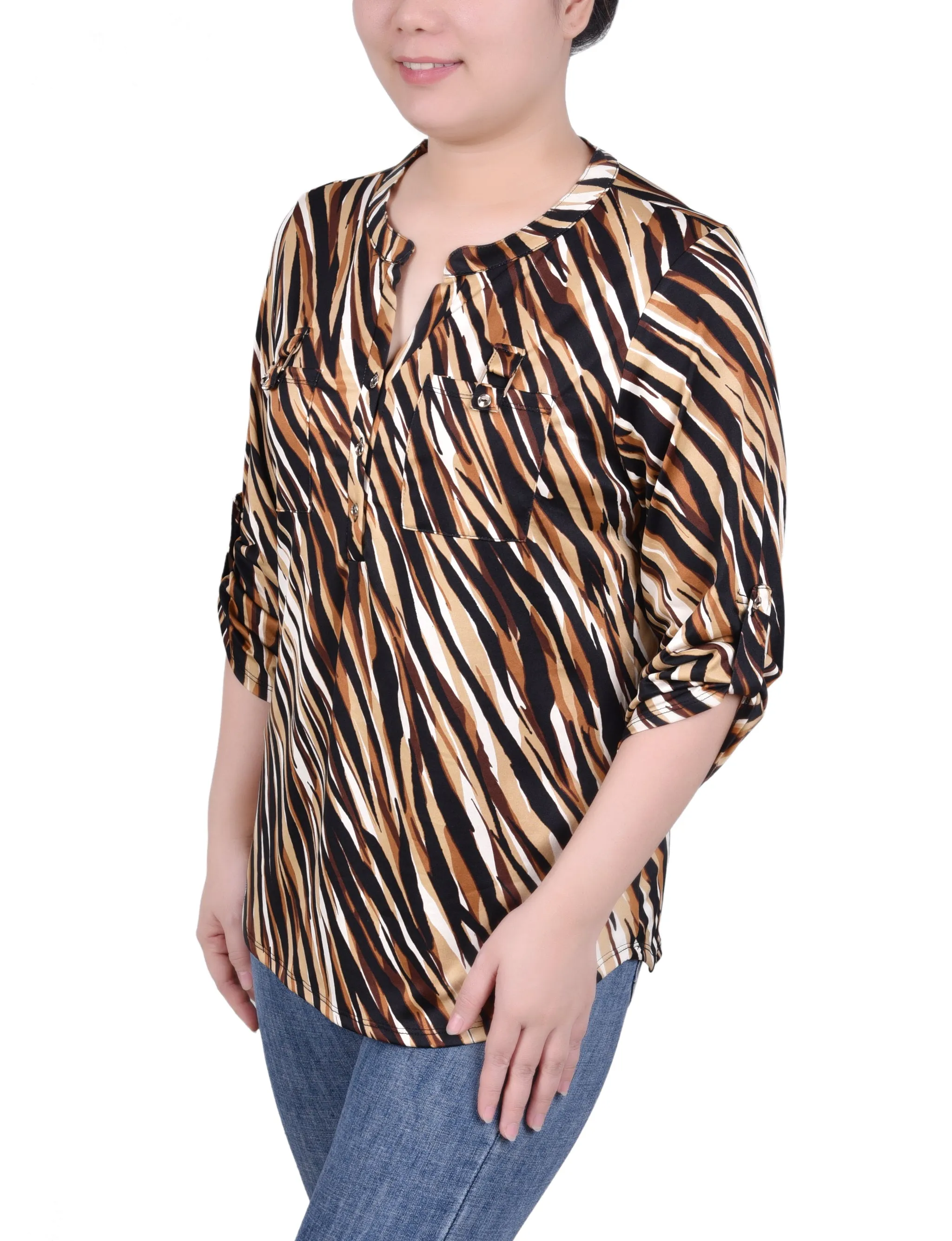 Long Tab-Sleeve Top With Pockets