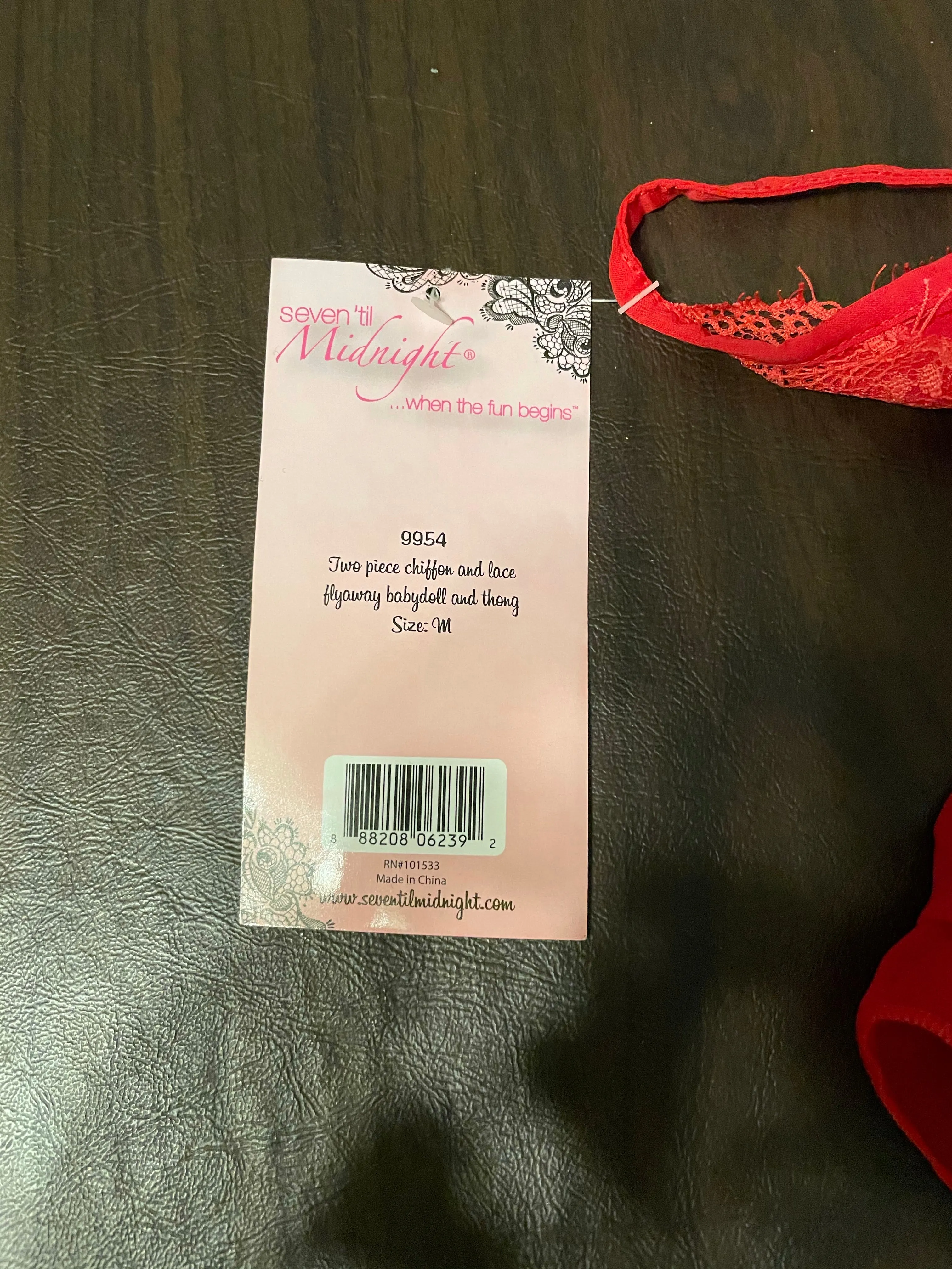<€€* Womens Medium Seven ‘Til Midnight 2pc Babydoll Chemise & Thong Red Chiffon Lace NWT