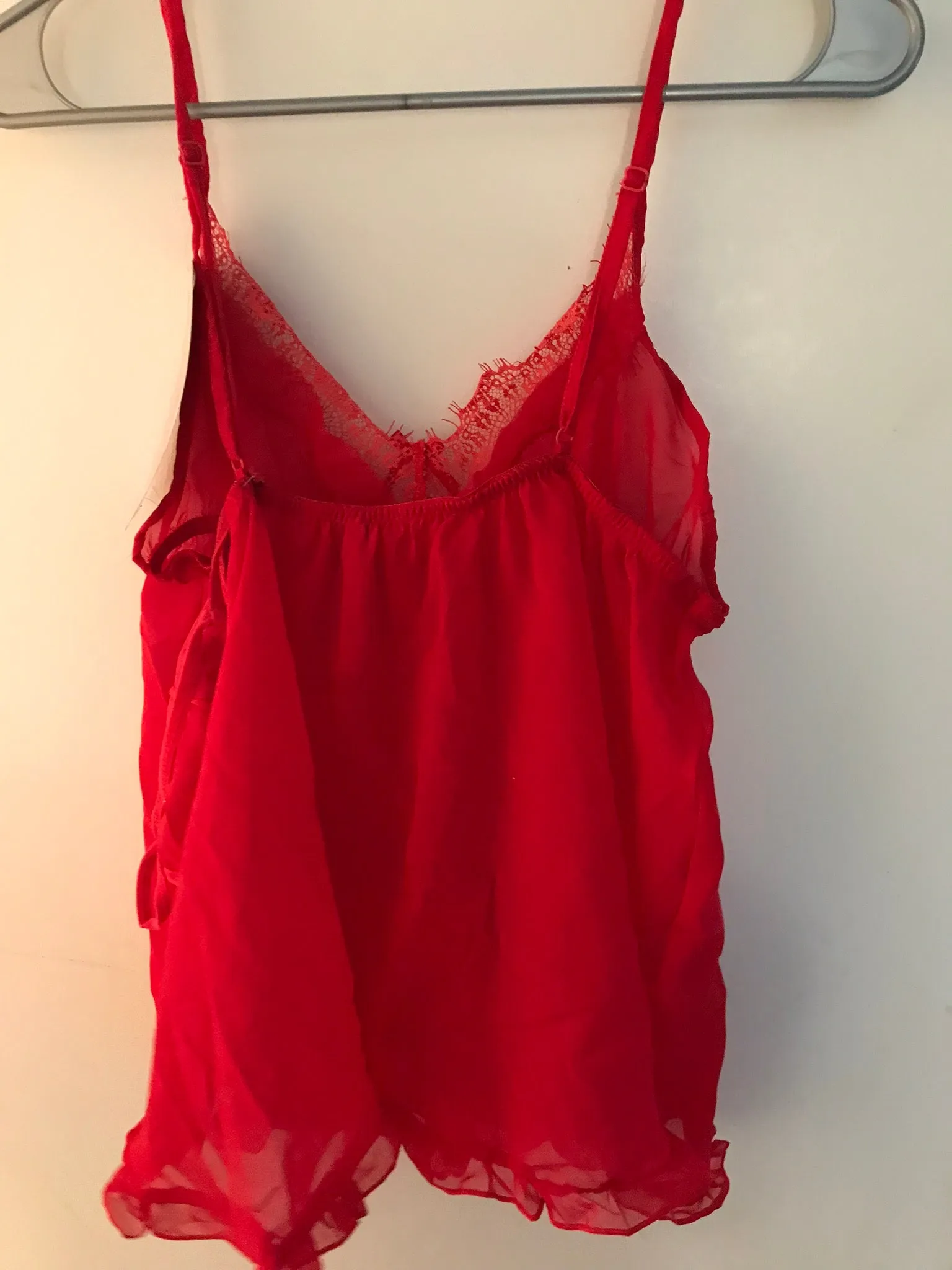 <€€* Womens Medium Seven ‘Til Midnight 2pc Babydoll Chemise & Thong Red Chiffon Lace NWT