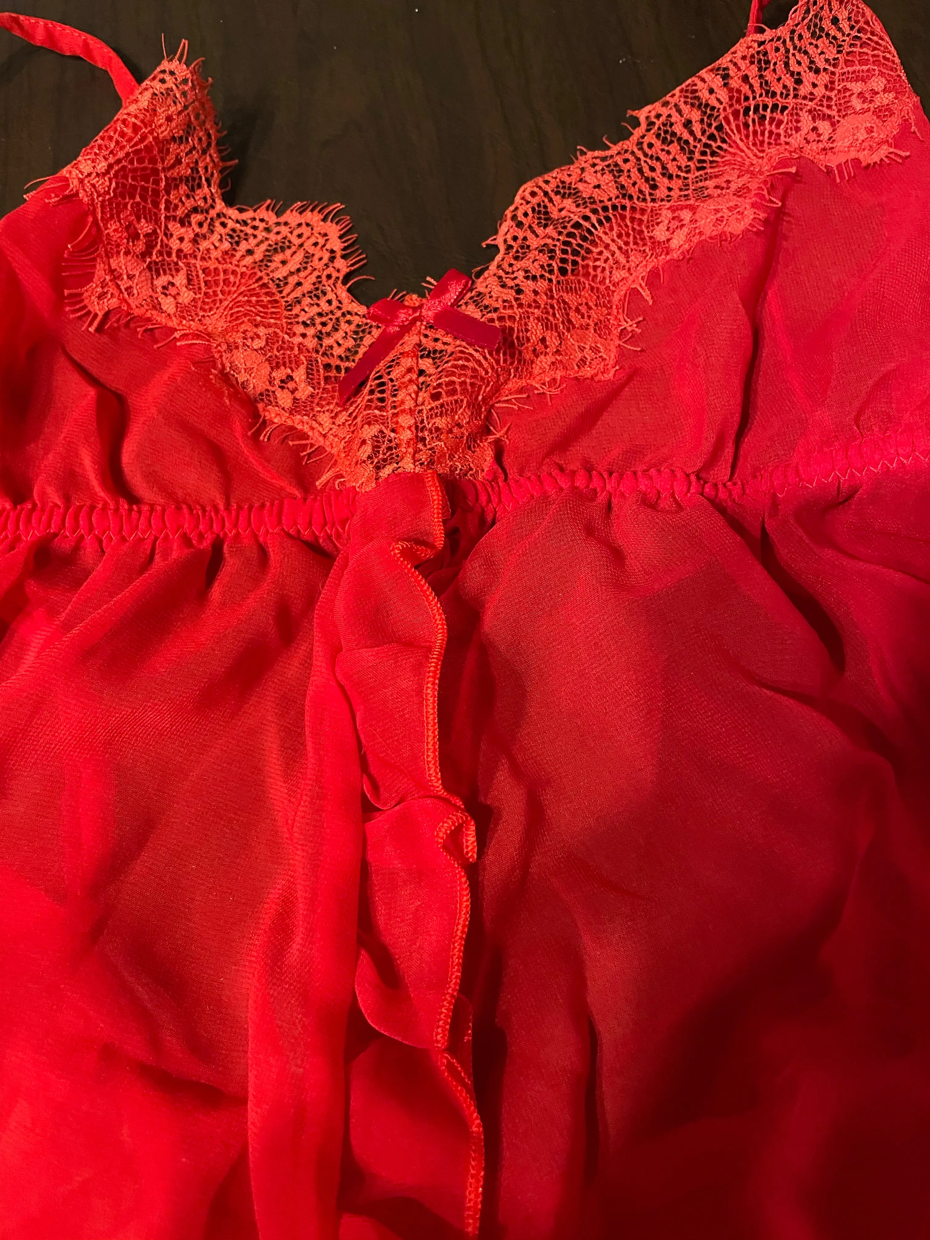 <€€* Womens Medium Seven ‘Til Midnight 2pc Babydoll Chemise & Thong Red Chiffon Lace NWT