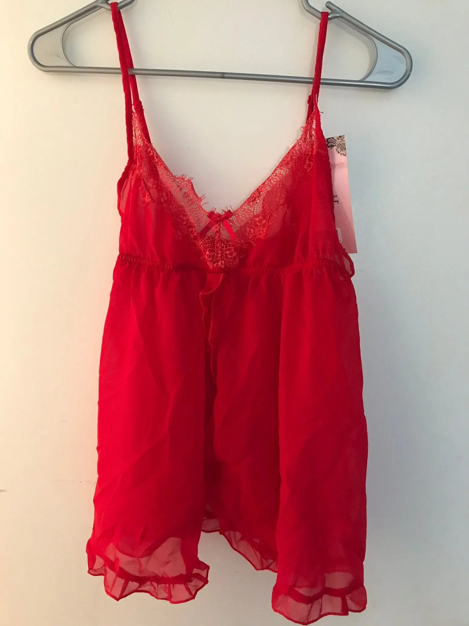 <€€* Womens Medium Seven ‘Til Midnight 2pc Babydoll Chemise & Thong Red Chiffon Lace NWT