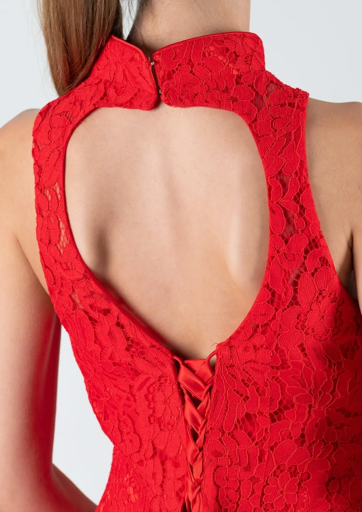 Lycoris Halter Lace Up Mermaid Bridal Qipao (Red) - RTW