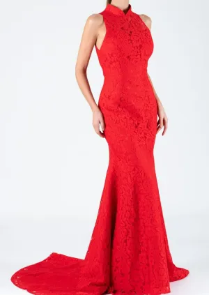 Lycoris Halter Lace Up Mermaid Bridal Qipao (Red) - RTW