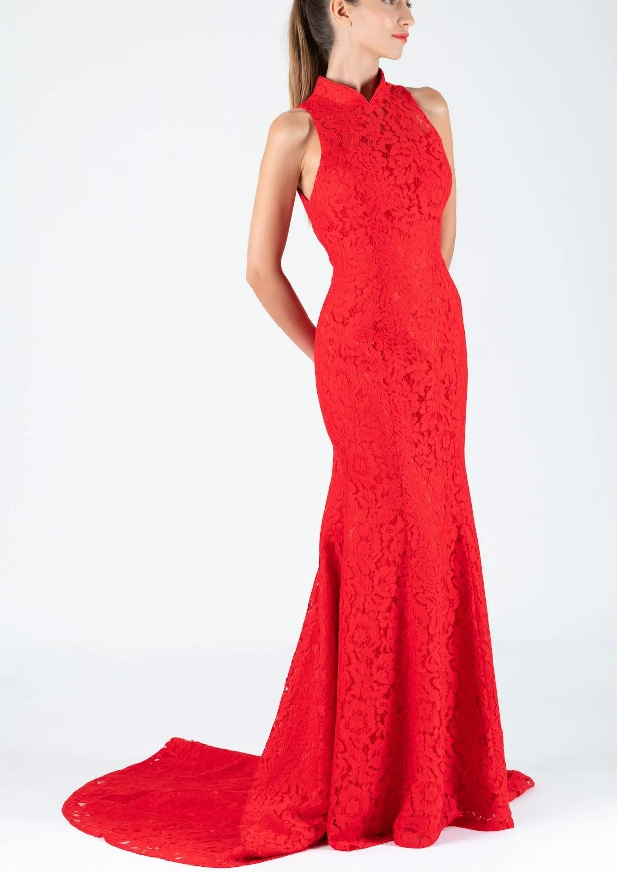 Lycoris Halter Lace Up Mermaid Bridal Qipao (Red) - RTW