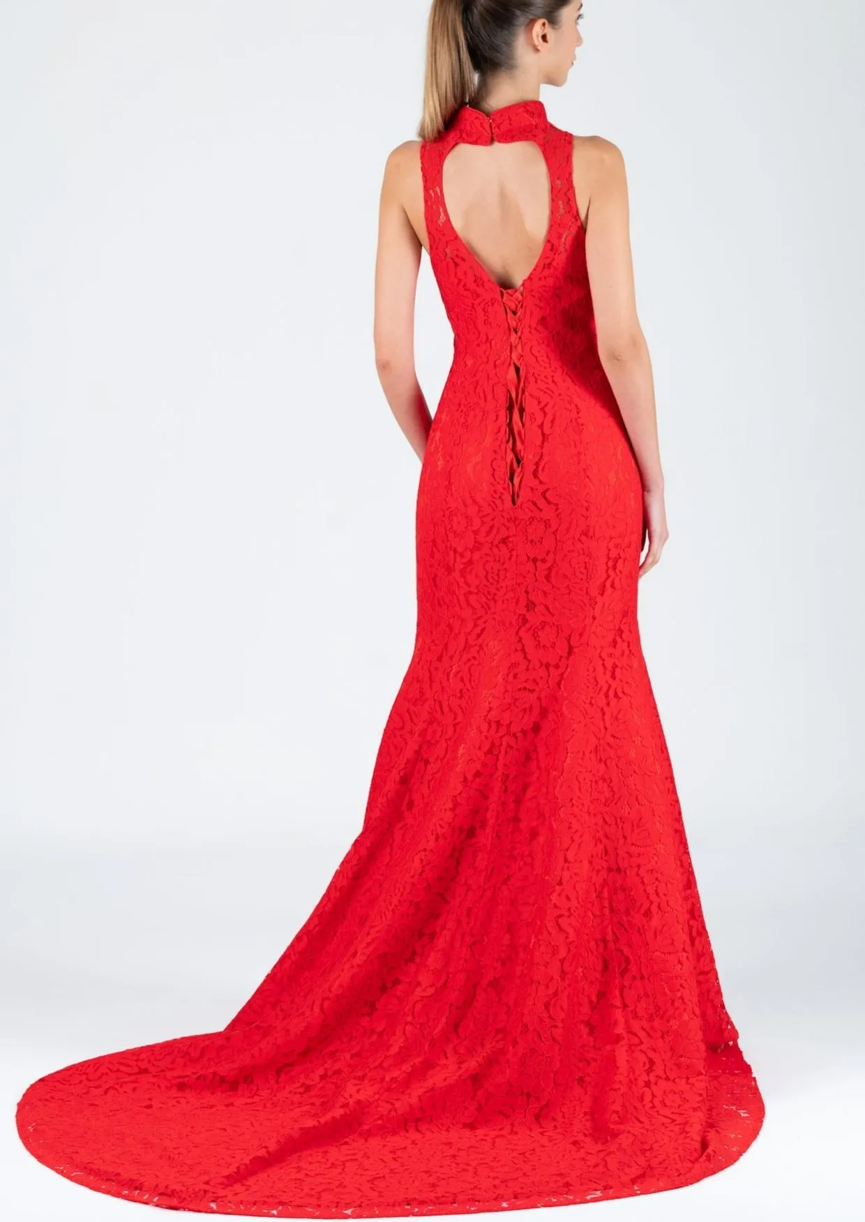 Lycoris Halter Lace Up Mermaid Bridal Qipao (Red) - RTW