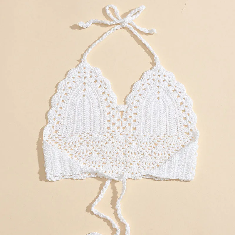 Macrame White Crochet Knit Longline Halter Triangle Bikini Top